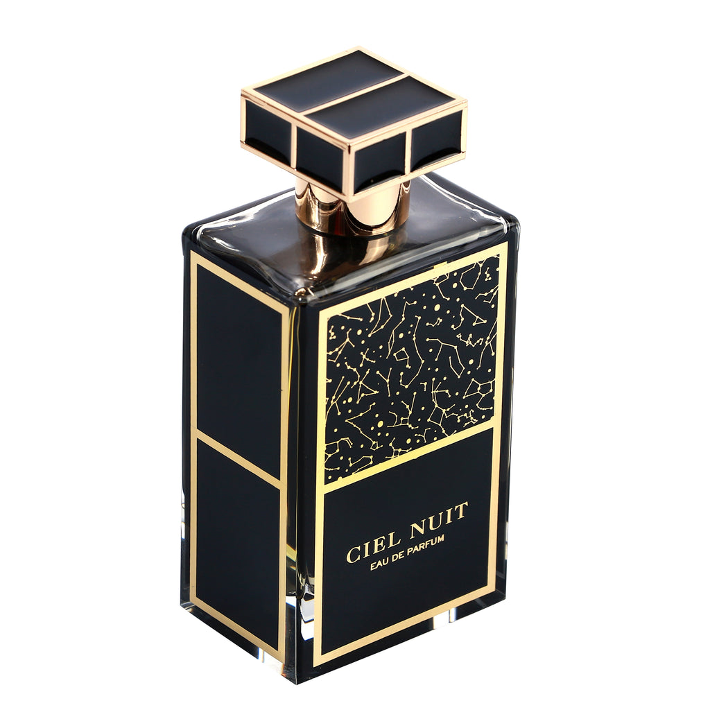 Ciel Nuit Eau de Parfum bottle in black and gold with a faceted black cap