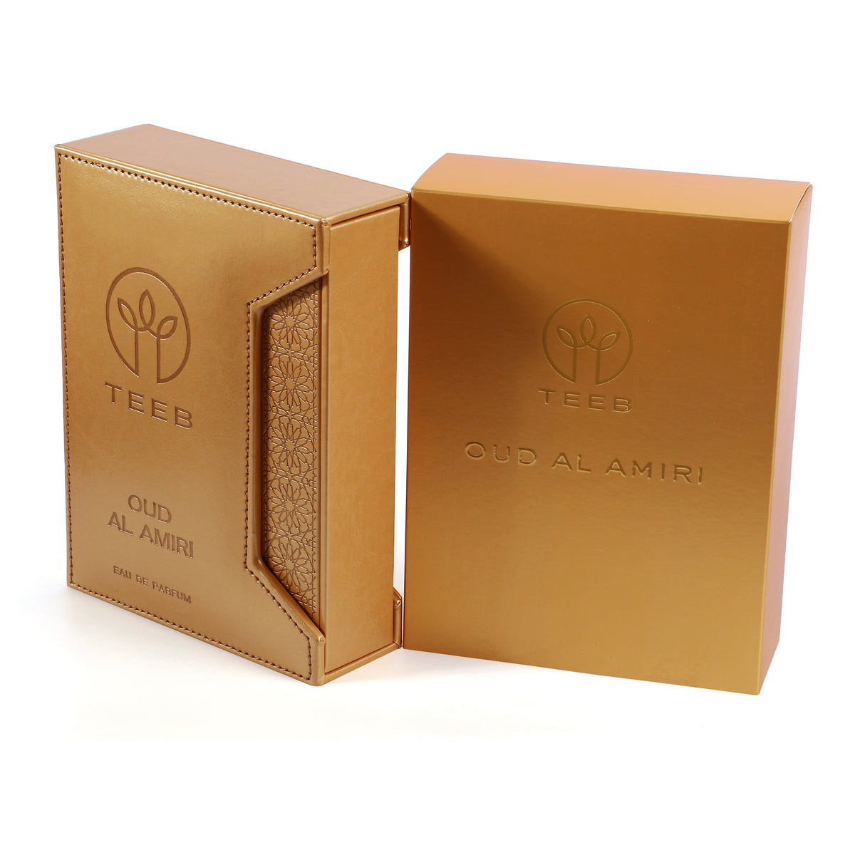 Gold TEEB Oud Al Amiri gift box with embossed logo, shown with its sliding sleeve