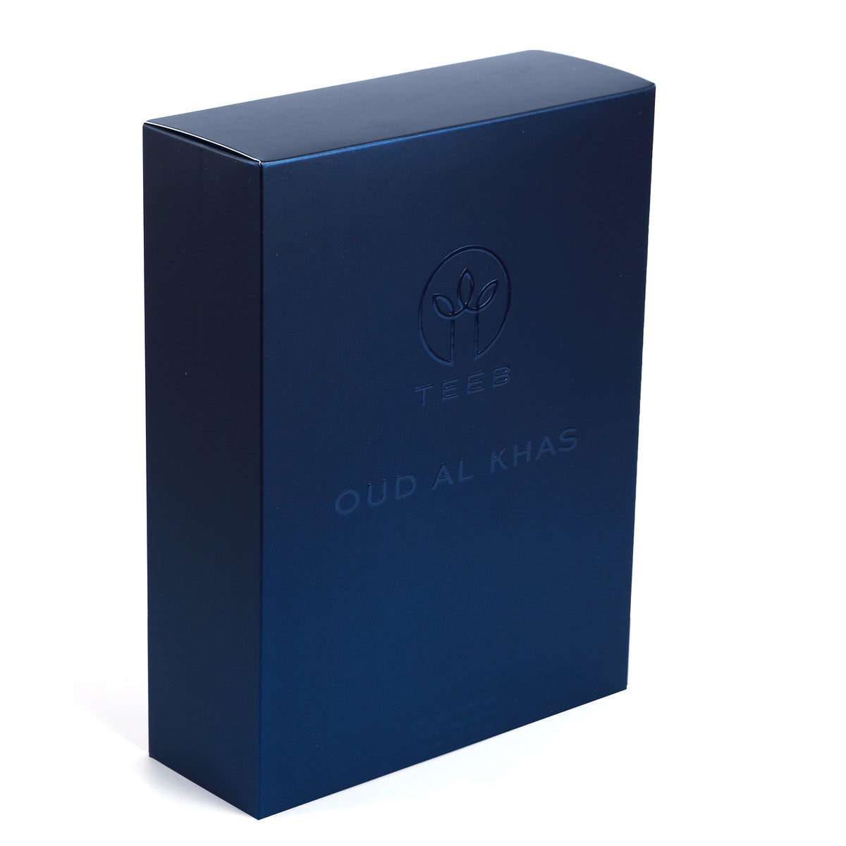 Closed navy blue TEEB Oud Al Khas gift box