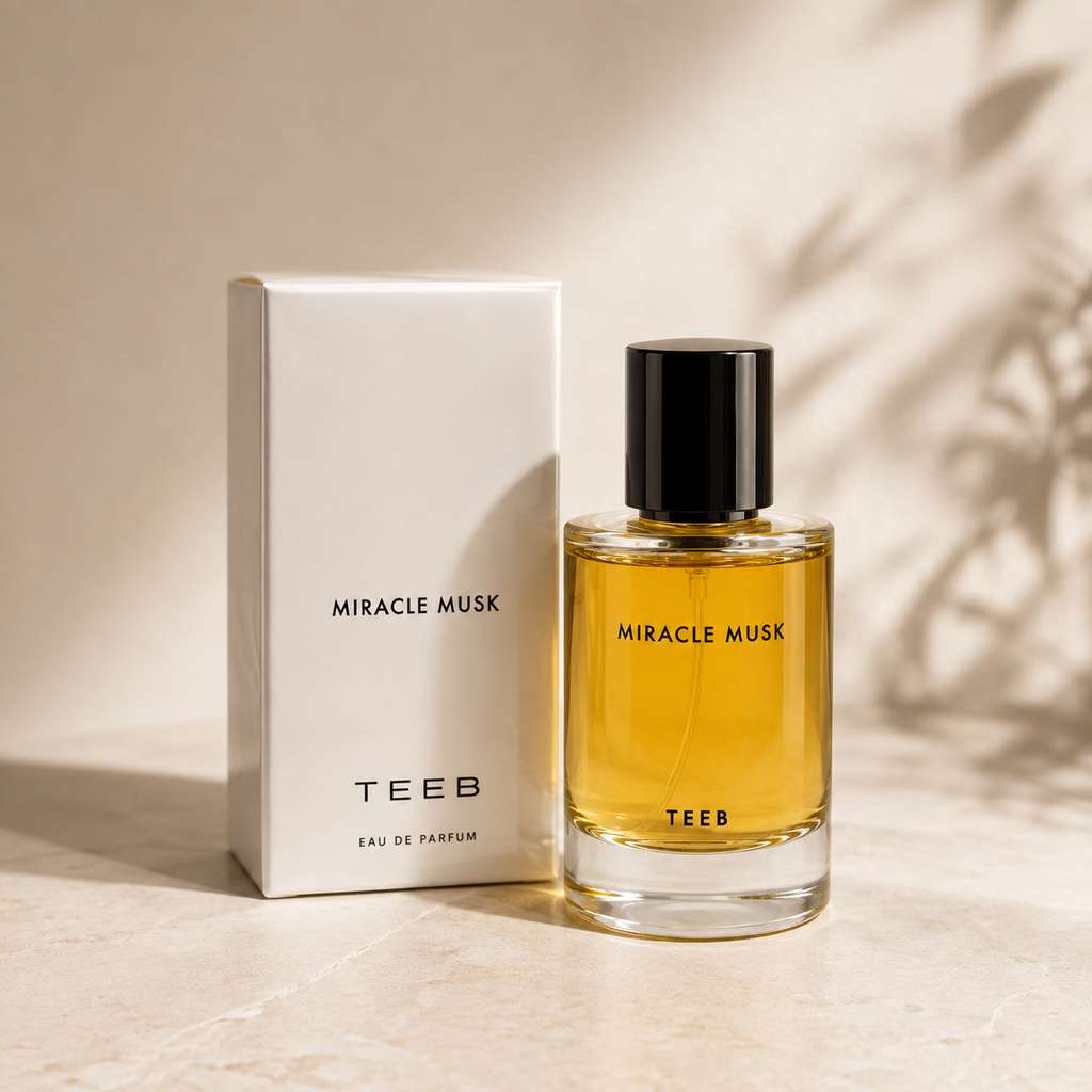 Miracle Musk bottle beside its cream box on a beige surface with soft leaf shadows