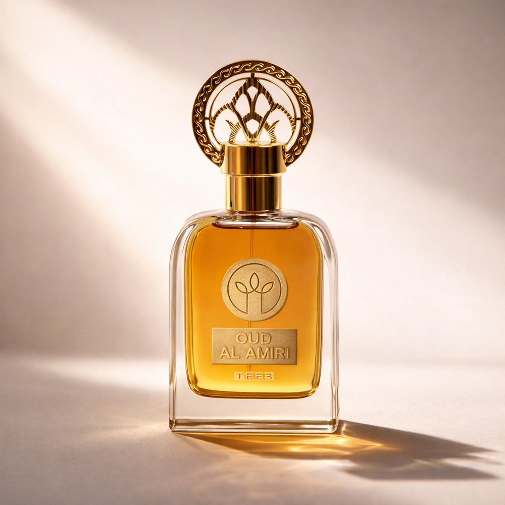 Oud Al Amiri Eau de Parfum bottle with amber liquid, gold collar and ornate gold cap in soft sunlight