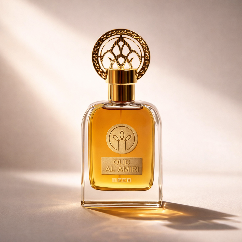 Oud Al Amiri Eau de Parfum bottle with amber liquid, gold collar and ornate gold cap in soft sunlight