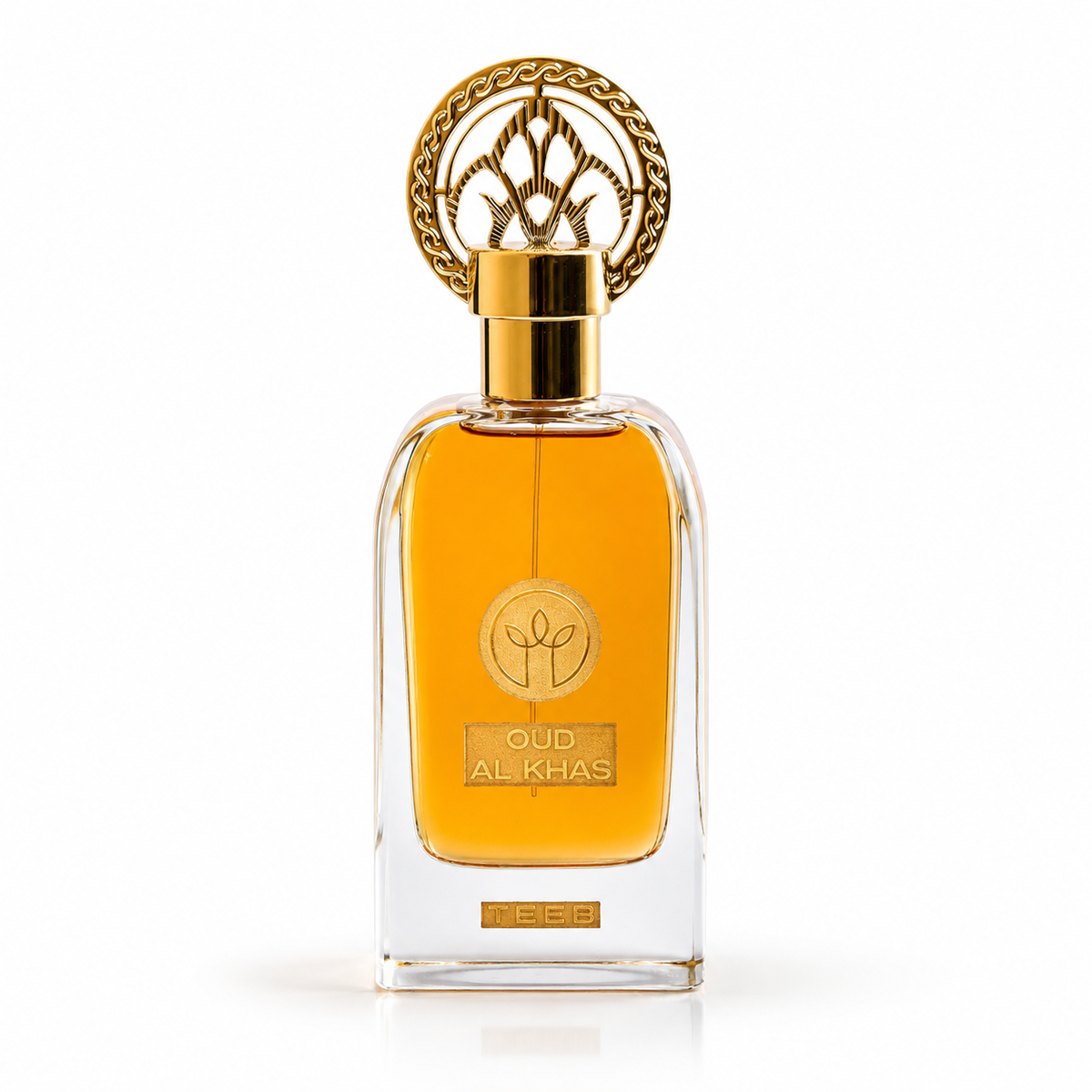 Oud Al Khas Eau de Parfum bottle with amber liquid, gold collar and ornate gold cap, front view
