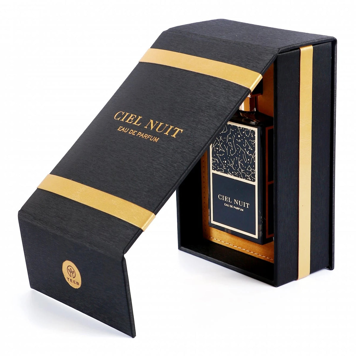Open black and gold Ciel Nuit gift box with the bottle inside