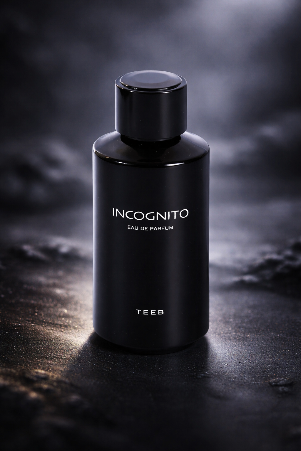 Incognito Eau de Parfum black bottle on a dark textured surface with a smoky background
