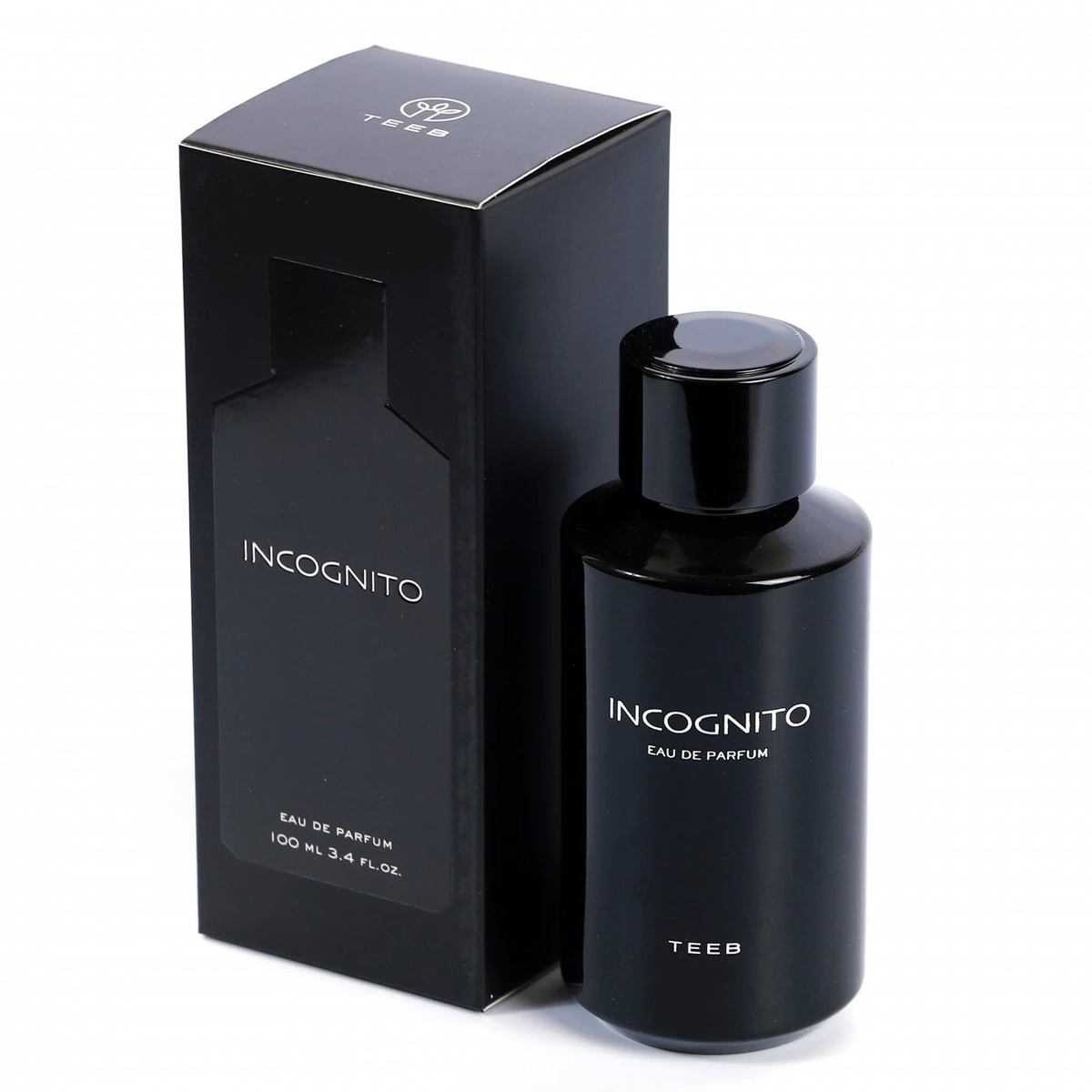 Incognito Eau de Parfum black bottle beside its black box