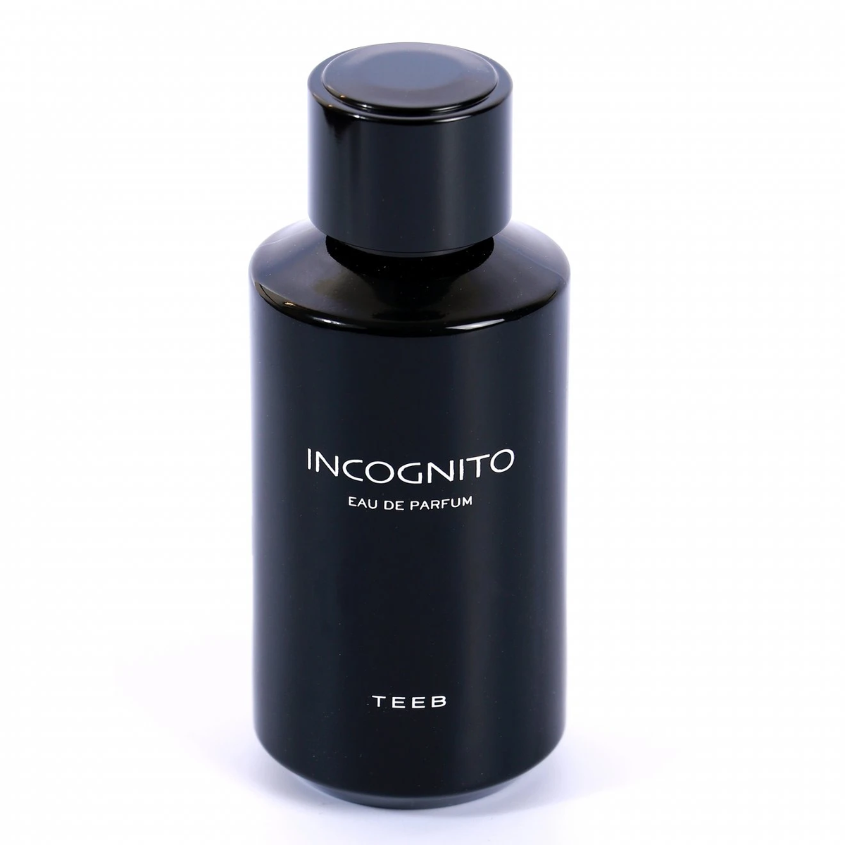 Incognito Eau de Parfum black glass bottle with round black cap on a white background