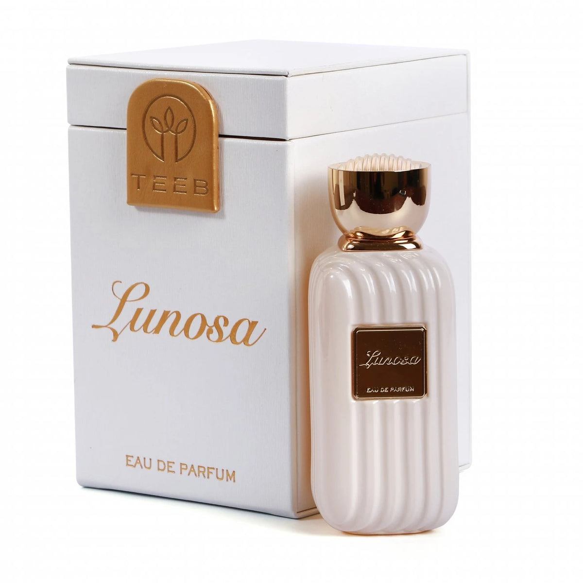 Lunosa cream ribbed bottle beside its white box with a gold TEEB emblem