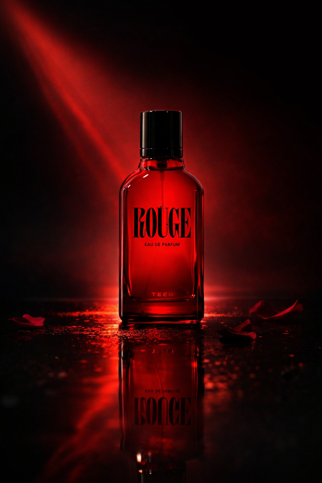Rouge Eau de Parfum red bottle with black cap lit by red light on a dark reflective surface